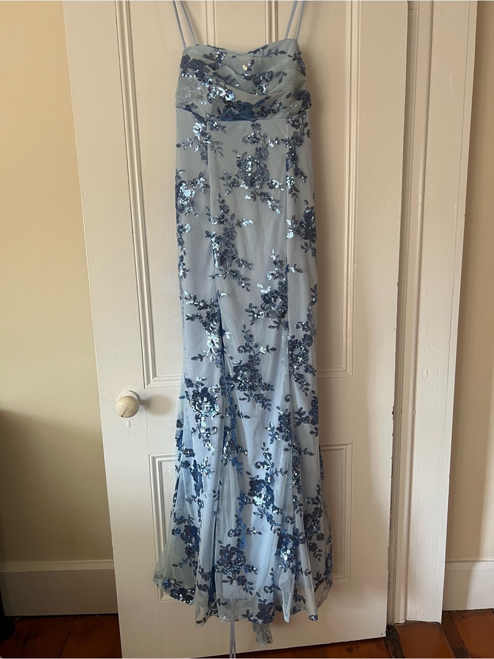 Blue Sequin Embellished Strap Gown with padded cups size 14.